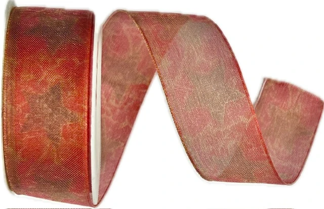 Vánoční organzová stuha ORGANDY STAR červená 25mm x 2m (9,-Kč/m)