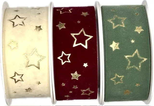 Stuha vánoční sametová VELUTTO STARS CREAM smetanová 25mm x 2m (12,-Kč/m)