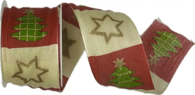 Vánoční stuha krémová STARS and TREES 40mm x 20m