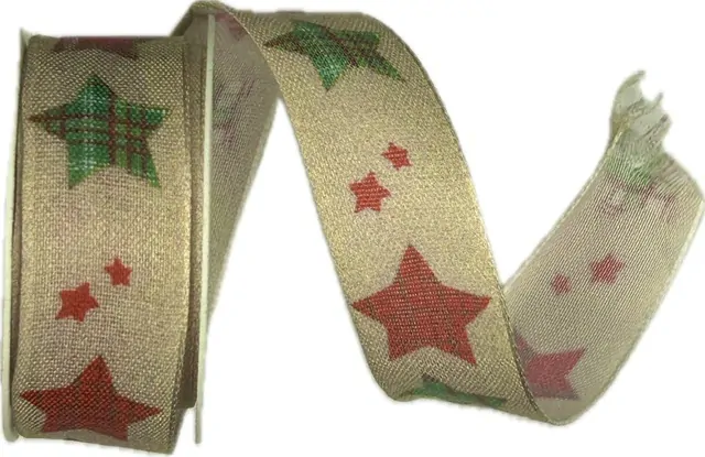 Vánoční bavlněná stuha HAPPY STARS krémová 25mm x 2m