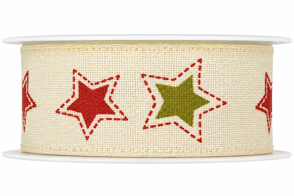 Stuha vánoční bavlněná HAPPY STARS krémová 25mm x 2m