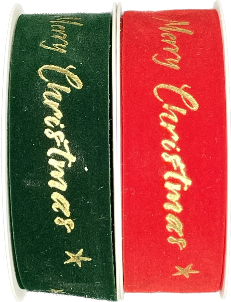 Stuha vánoční sametová VELUTTO MERRY CHRISTMAS RED červená 25mm x 3m (10,-Kč/m)