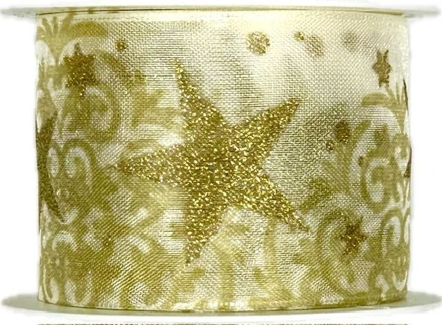 Stuha vánoční organzová ROMANTIC STAR GOLD 40mm x 2m (16,-Kč/m)