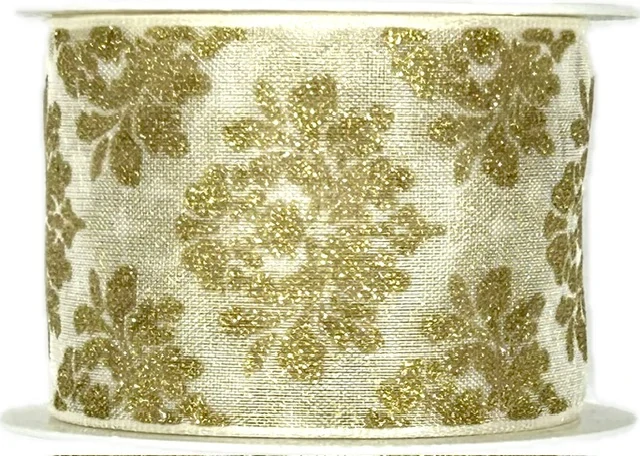 Vánoční stuha organzová GLAMOUR CROWN GOLD bílá 40mm x 2m