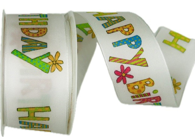 AKCE 2+1 zdarma- Stuha narozeninová HAPPY BIRTHDAY bílá 40mm x 2m (cena za 3ks)