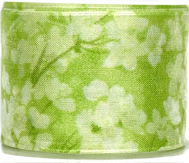 GREEN GARDEN MIST – taftová stuha zelená s květinovým potiskem 40mm × 2m