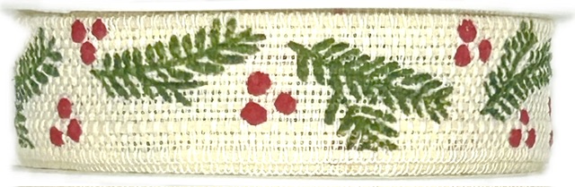 Stuha vánoční HOLLY CHARM CREME krémová 15mm x 4m (7,-Kč/m)