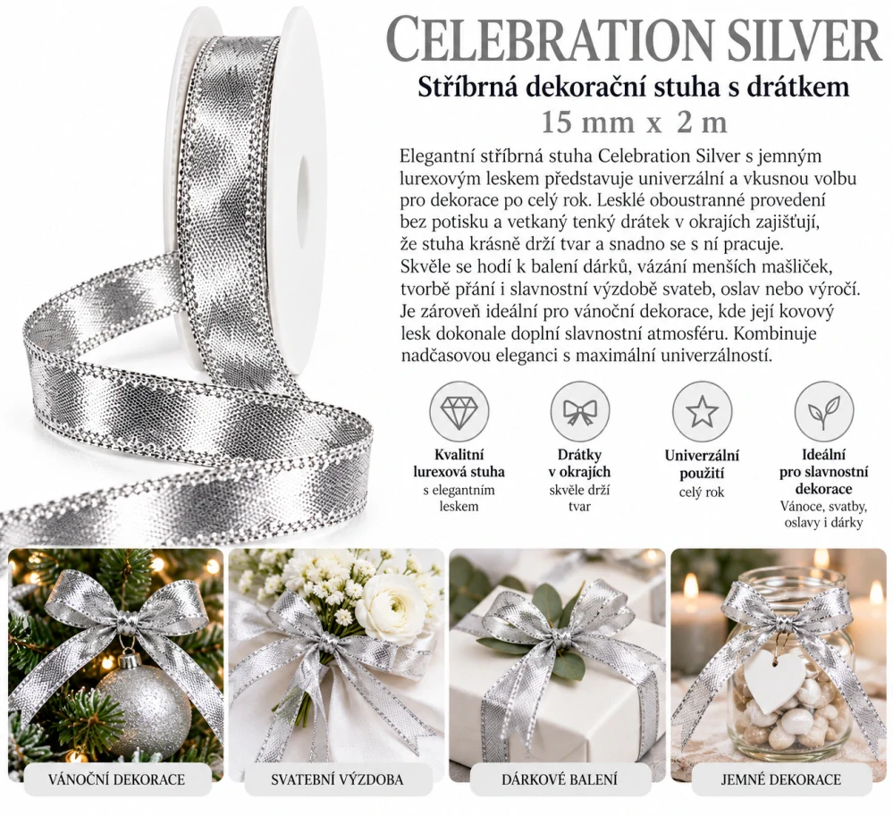 Sada 10ks Stuha lurexová CELEBRATION SILVER stříbrná 15mm x 2m 