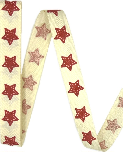 10x Stuha vánoční COTTON RIBBON STARS – NATURAL RED béžová 15mm x 2m (8,-Kč/ks)(4,-Kč/m)