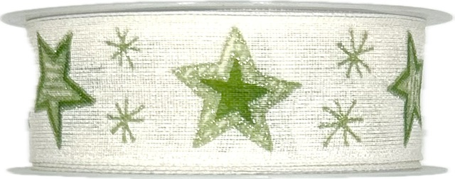 Stuha vánoční CHRISTMAS GREEN STARS Bílá 25mm x 3m (9,-Kč/m)