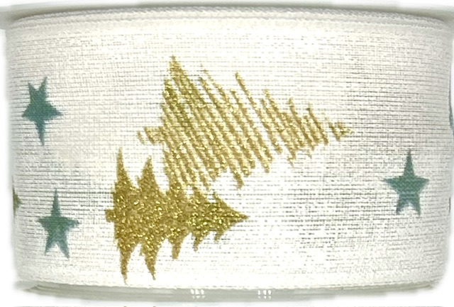 Stuha vánoční Golden Pine Glow – White bílá 40mm x 2m (14,-Kč/m)