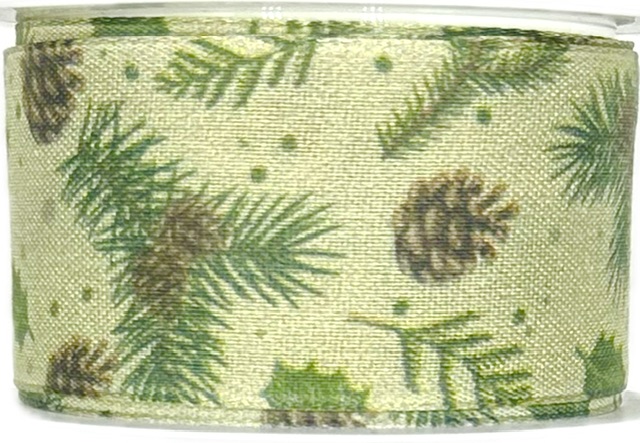 Vánoční bavlněná stuha Pine Whisper – Natural Green zelená 40mm x 2m (13,-Kč/m)