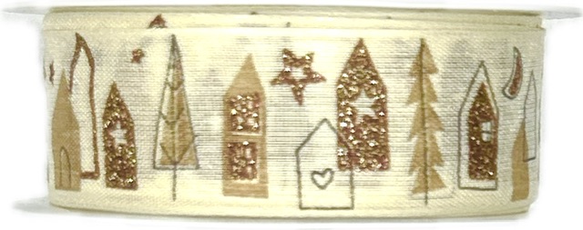 Stuha vánoční WINTER VILLAGE NATURAL béžová 25mm x 2m (13,-Kč/m)