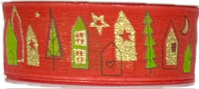 Stuha vánoční WINTER VILLAGE RED červená 25mm x 2m (13,-Kč/m)