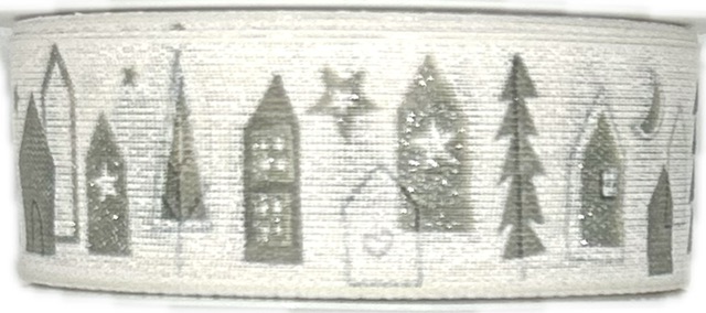 Stuha vánoční WINTER VILLAGE WHITE bílá 25mm x 2m (13,-Kč/m)