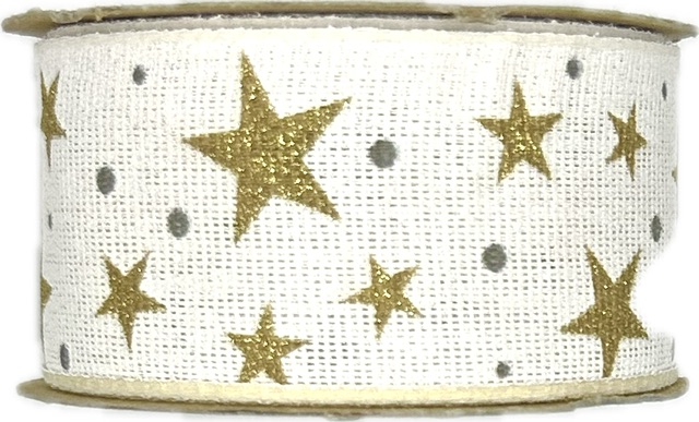 Stuha vánoční LINEN STAR MAGIC WHITE bílá 40mm x 3m (12,-Kč/m)