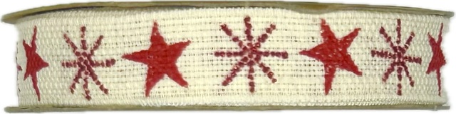 Stuha vánoční lněná NORDIC LINEN STARS CREAM & RED krémová 15mm x 4m (8,-Kč/m)