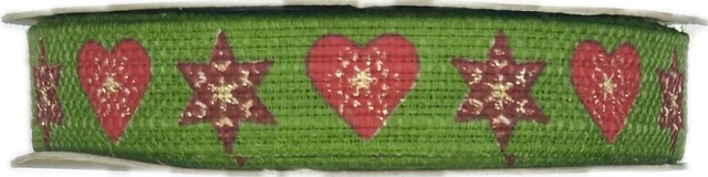 Stuha vánoční lněná HEARTS & STARS GREEN zelená 15mm x 3m (9,-Kč/m)