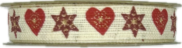 Stuha vánoční lněná HEARTS & STARS RED krémová 15mm x 3m (9,-Kč/m)
