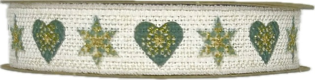 Stuha vánoční lněná HEARTS & STARS WHITE GREEN bílá 15mm x 3m (9,-Kč/m)