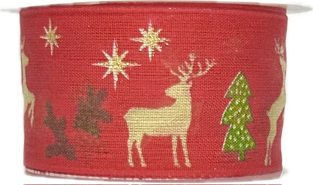 Stuha vánoční GOLDEN REINDEER FOREST červená 40mm x 2m (14,-Kč/m)
