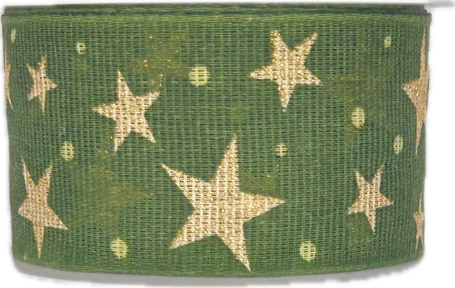Stuha vánoční LINEN STAR MAGIC GREEN zelená 40mm x 2m (15,-Kč/m)