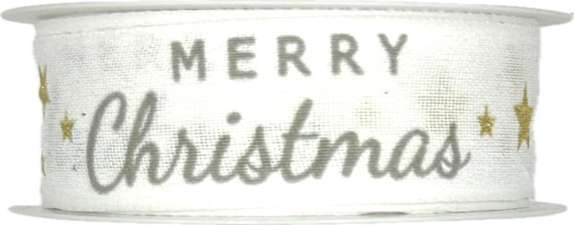 Stuha vánoční MERRY CHRISTMAS SCRIPT WHITE bílá 25mm x 3m (5,-Kč/m)