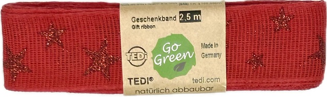 Stuha vánoční lněná STAR LIGHT RED červená 25mm x 2,5m (10,-Kč/m)