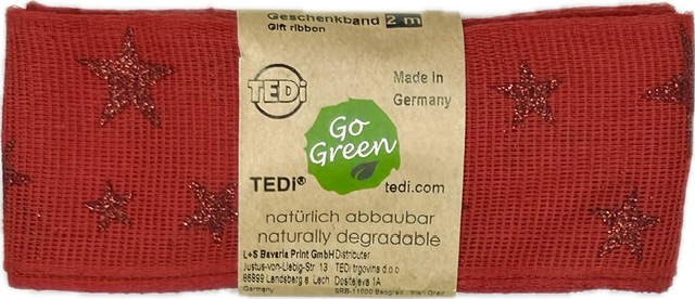 Stuha vánoční lněná STAR LIGHT RED červená 40mm x 2m (15,-Kč/m)