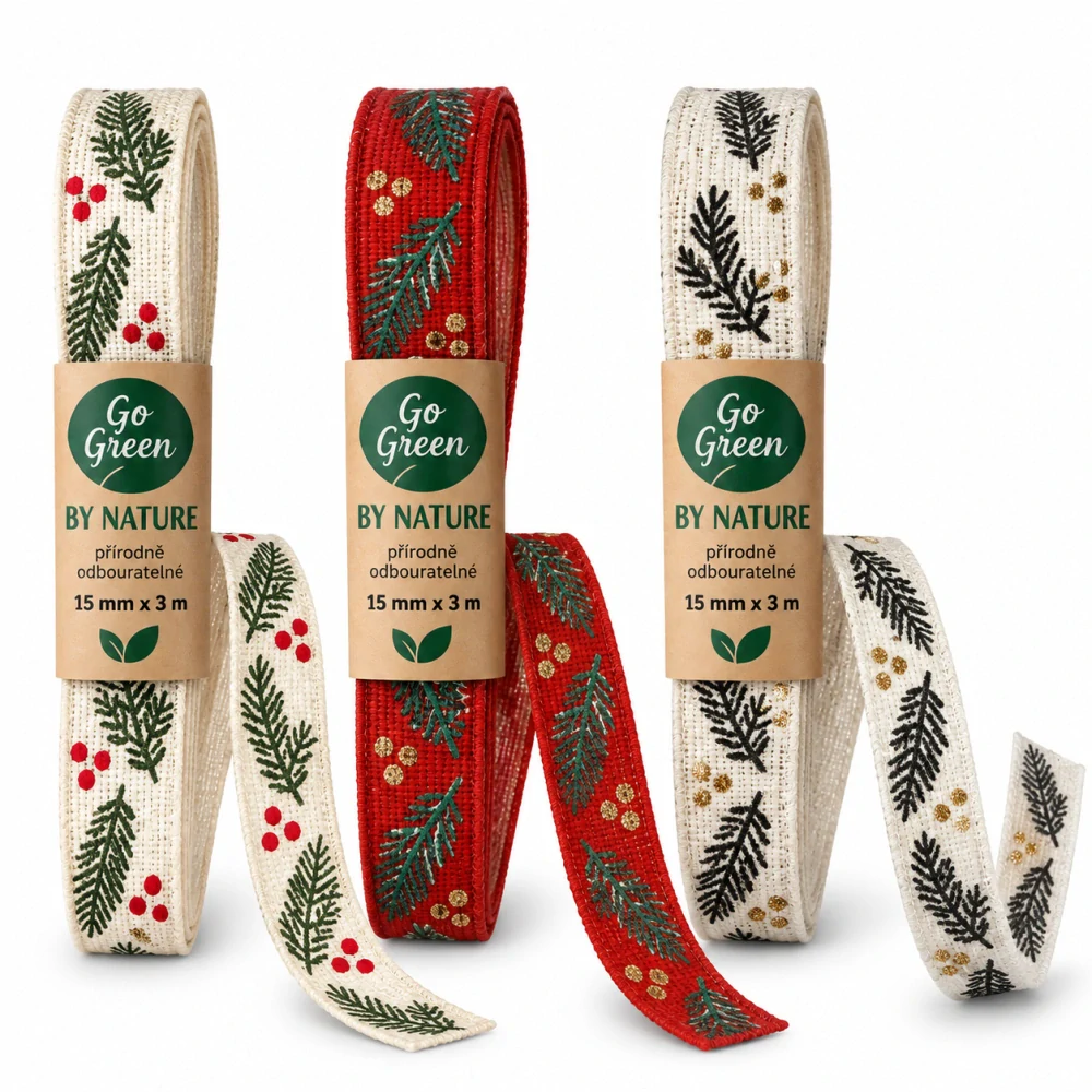 Stuha vánoční HOLLY CHARM CREME krémová 15mm x 3m – skládaná