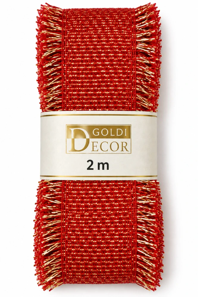 Rustic Glow Scarlet – červená bavlněná stuha se zlatým lurexem 50mm x 2m