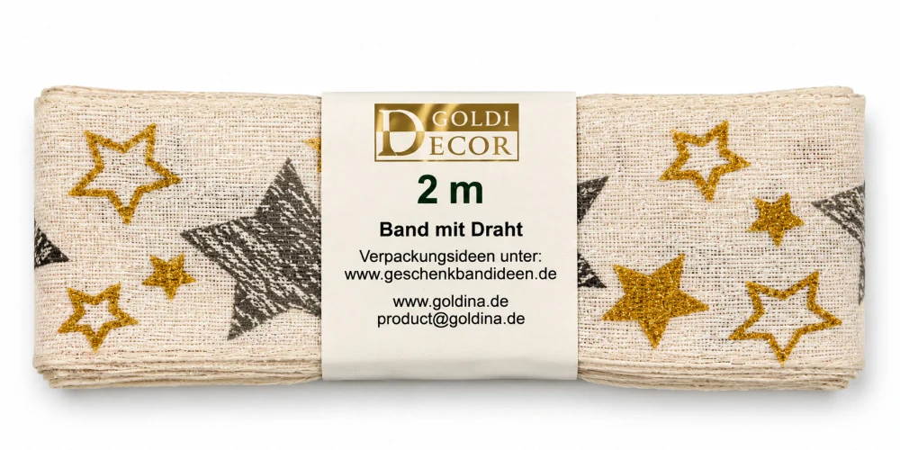 Vánoční bavlněná stuha Hvězdy Gold & Silver 40mm x 2m