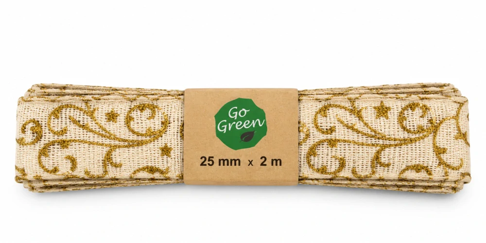 Vánoční ornament White Gold – bavlněná stuha bílá se zlatým potiskem 25mm x 2m
