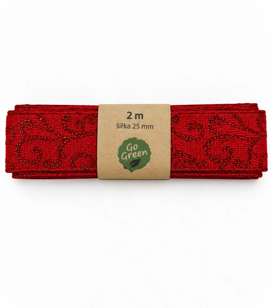 Vánoční ornament Red – bavlněná stuha červená s červeným potiskem 25mm x 2m
