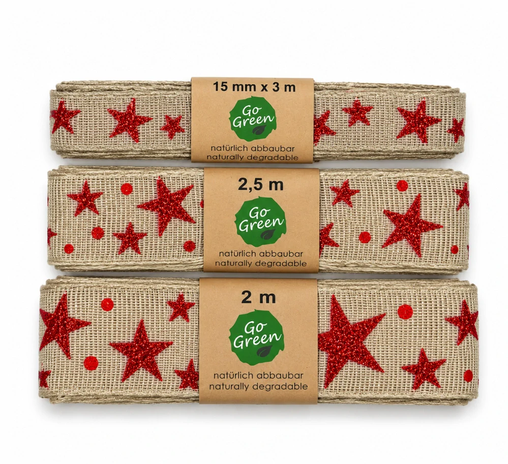 Stuha vánoční ADVENTNÍ HVĚZDY šedá s červenými glitrovými hvězdami 25mm x 2m