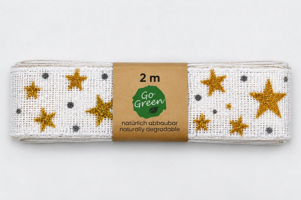Stuha vánoční ADVENTNÍ HVĚZDY bílá se zlatými glitrovými hvězdami 25mm x 2m