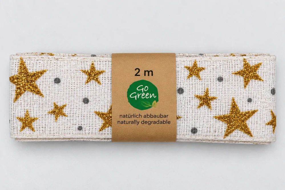 Stuha vánoční ADVENTNÍ HVĚZDY bílá se zlatými glitrovými hvězdami 40mm x 2m
