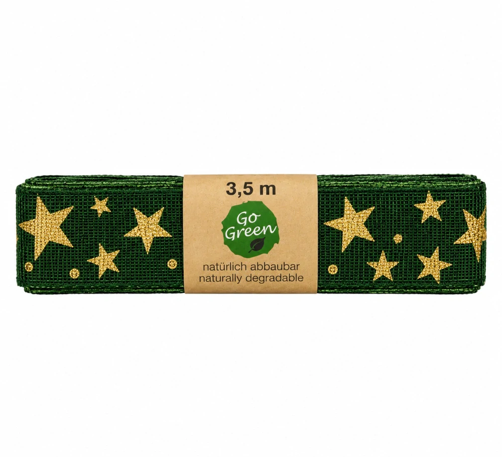 Stuha vánoční ADVENTNÍ HVĚZDY zelená se zlatými hvězdami 25mm x 2m