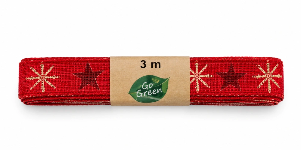 Stuha vánoční bavlněná ČERVENÁ se zlatými vločkami a hvězdami 15mm x 3m