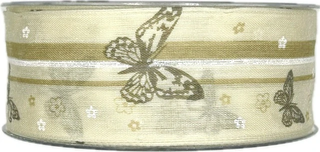 Bavlněná stuha BUTTERFLY GARDEN krémová 40mm x 20m – motýli, přírodní elegance