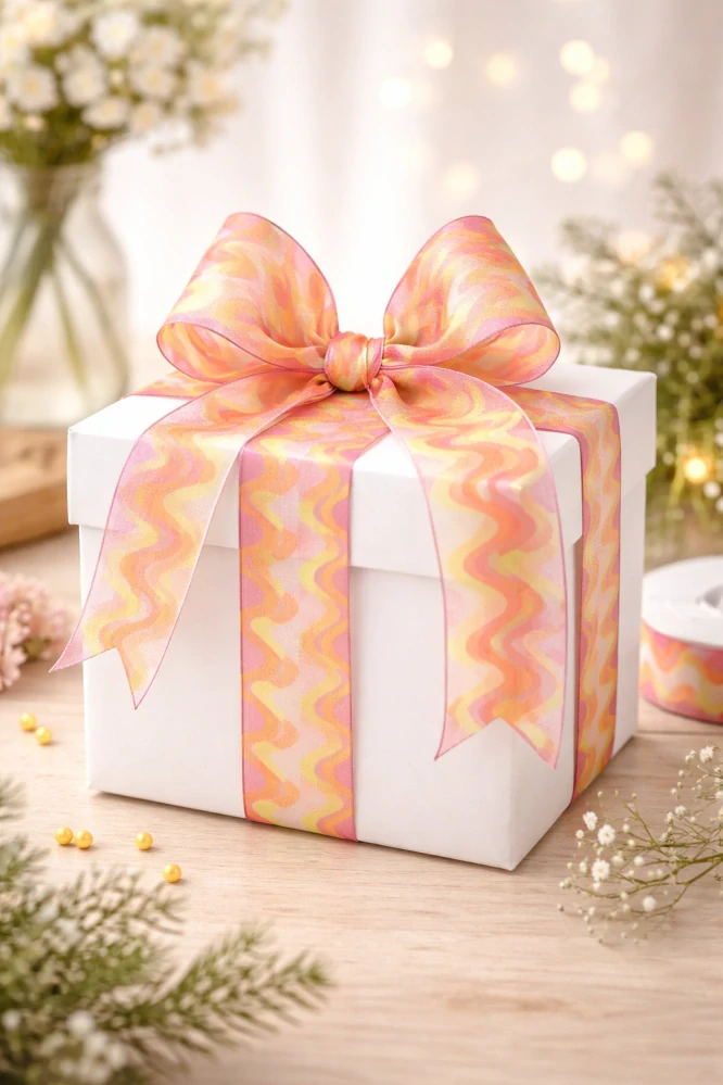 Taftová stuha RAINBOW WAVES Pink 40mm x 20m