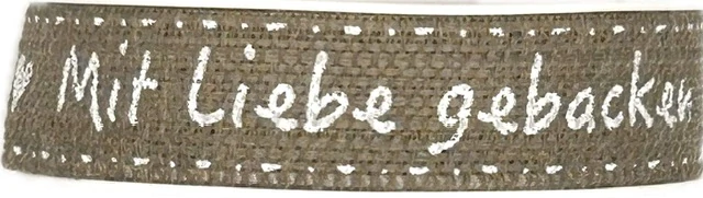 Stuha potisk Mit Liebe gebacken 15mm x 2,5m (6,-Kč/m)