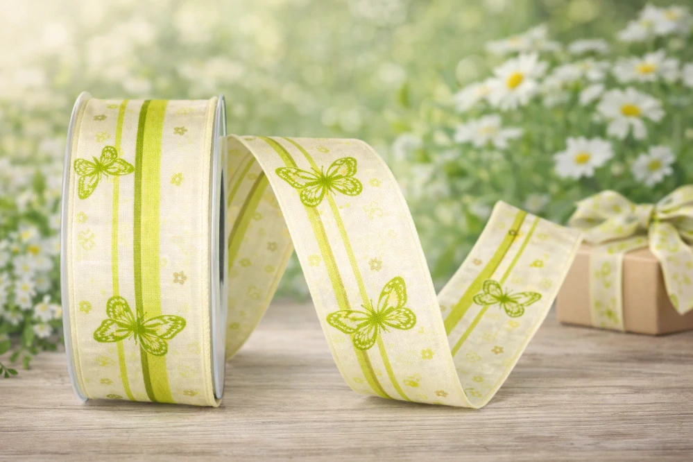 Bavlněná stuha BUTTERFLY GARDEN zelená 40mm x 20m – motýli, přírodní elegance