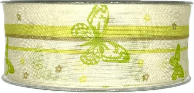 Bavlněná stuha BUTTERFLY GARDEN zelená 40mm x 20m – motýli, přírodní elegance