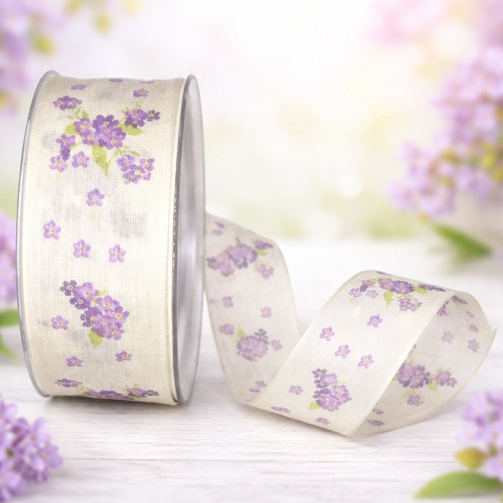 Lavender Meadow – květinová látková stuha s drátkem 40mm x 20m