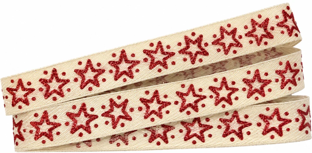 Vánoční stuha RED STAR NATUR potisk hvězdy červené 15mm x 2m (6,- Kč/m)