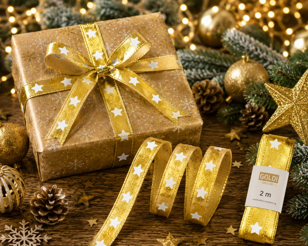 Vánoční lurexová stuha GOLDEN STARS zlatá s bílými hvězdami 15mm x 2m (7,- Kč/m)