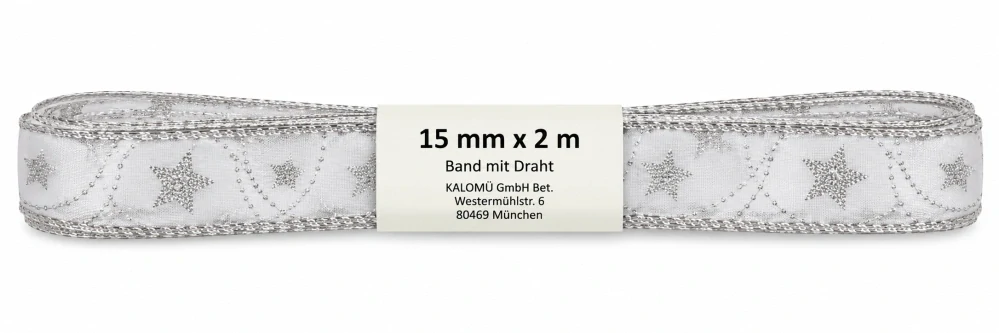 Stuha vánoční HARMONY WHITE – bílá se stříbrným potiskem 15mm x 2m (6,- Kč/m)