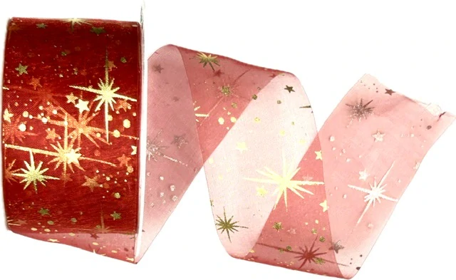 Vánoční stuha organzová ORGANDY STARS červená 40mm x 3m (13,-Kč/m)