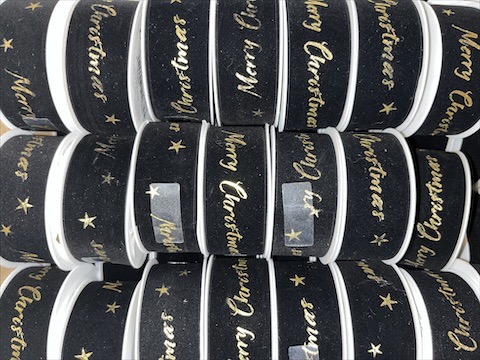 Stuha sametová VELUTTO černá zlatý potisk 25mm x 3m (10,-Kč/m)